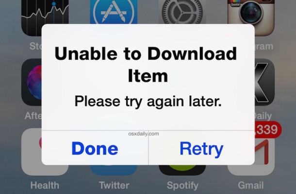 Unable to Download Item. Please Try again later - error message iPhone