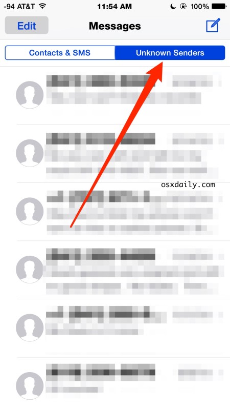 Окно сообщения неизвестных отправителей в iOS, отфильтровано из контактов