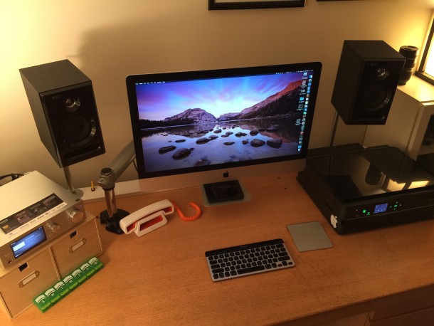 iMac 27" mounted on an adjustable arm and some great audio gear