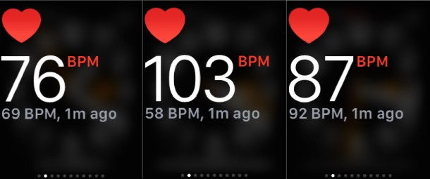 Various heart rate readings on Apple Watch