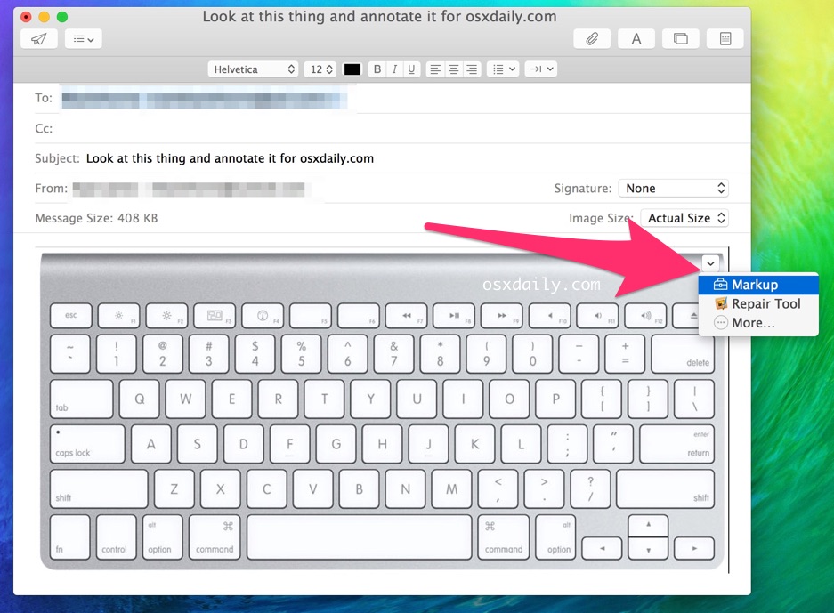 Access the MarkUp function to annotate emails in OS X Mail app