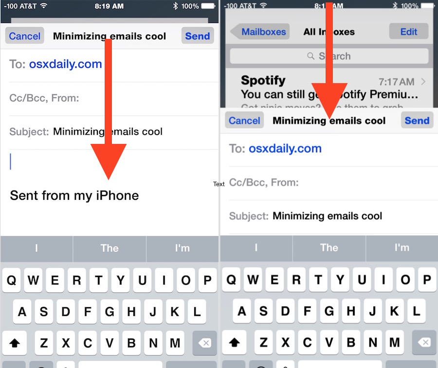 How to minimize an email message in iOS Mail app