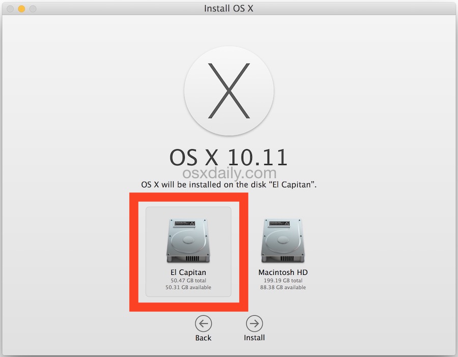 Select the destination drive to install OS X El Capitan onto the Mac