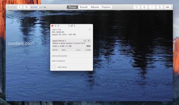Viewing EXIF data of a picture in Photos on Mac OS X