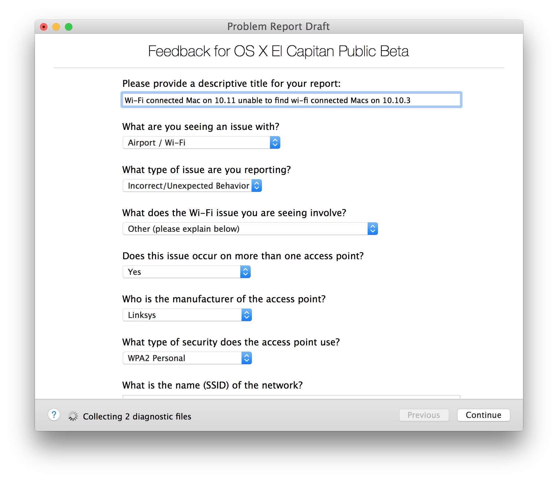 Describe problem for Feedback Assistant in OS X El Capitan