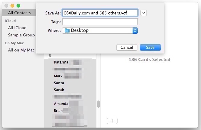 Exporting all contacts as a VCF vcard file in Mac OS X