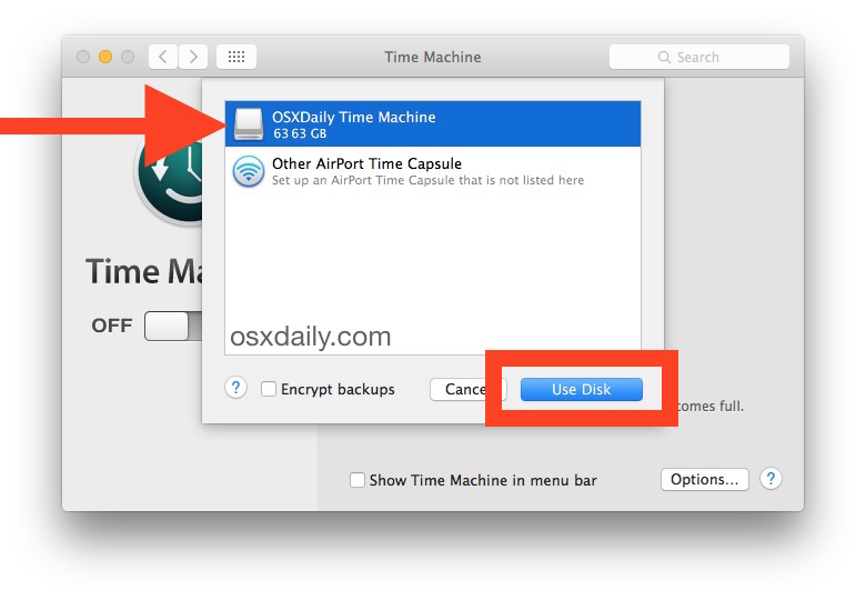Elija el disco de destino para las copias de seguridad de Time Machine para la copia de seguridad de Mac