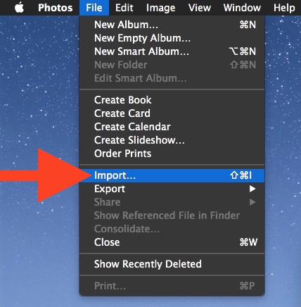 Choose the Import menu option in Photos app for Mac OS X