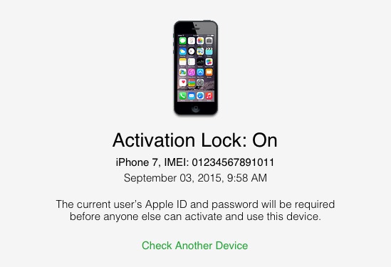 iCloud activation lock status on an iPhone