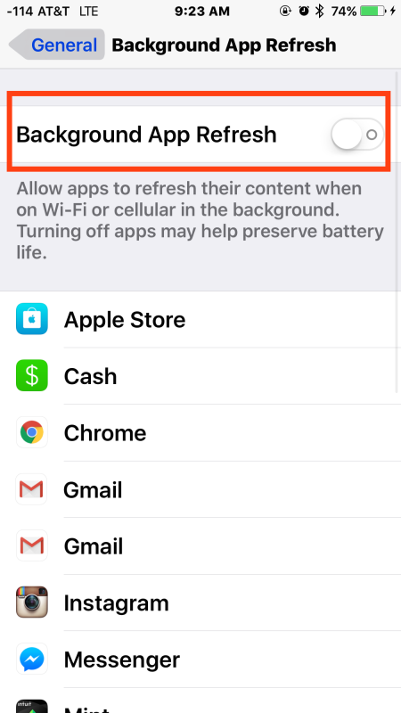Disable background app refresh for help in conserving cellular data on iPhone