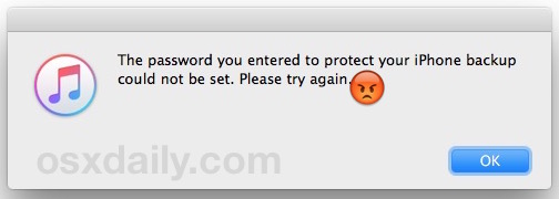 Password entered to protect iPhone backup can not be set, try again error message in iTunes