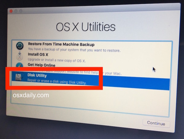 2- Select Disk Utility at the OS X Utilities screen