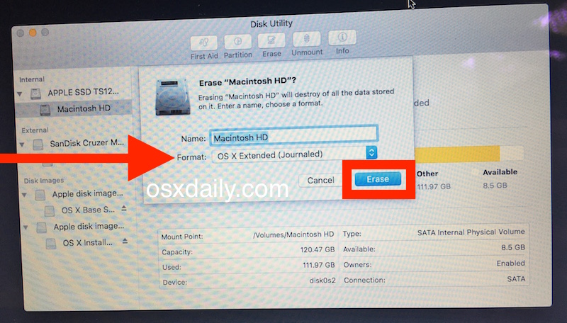 Erase the Mac hard drive completely, this deletes everything and resets it so that you can install blank OS X
