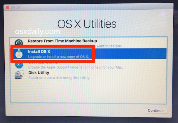 Choose to Install OS X El Capitan from the OS X Utilities menu