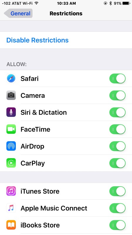 Ограничения приложений: включите камеру, чтобы в iOS отображался значок отсутствующей камеры.