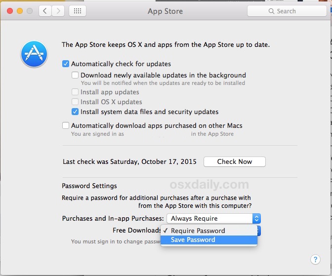 Save password for free app store downloads in Mac OS X