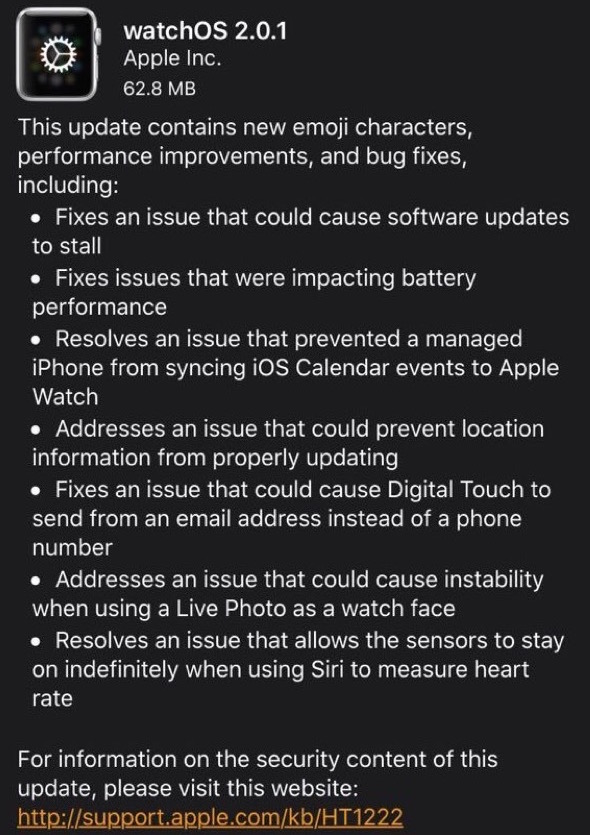 WatchOS 2.0.1 update
