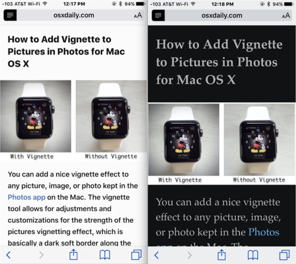 Safari Reader customized before and after example in iOS