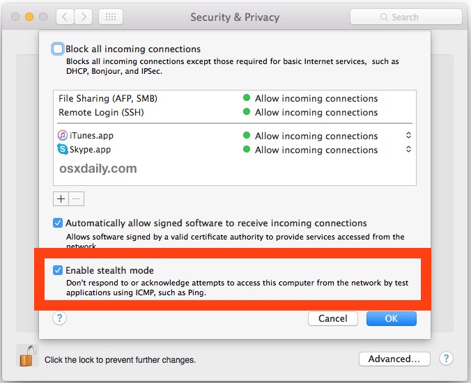 Enable Stealth Mode firewall in Mac OS X to hide on networks