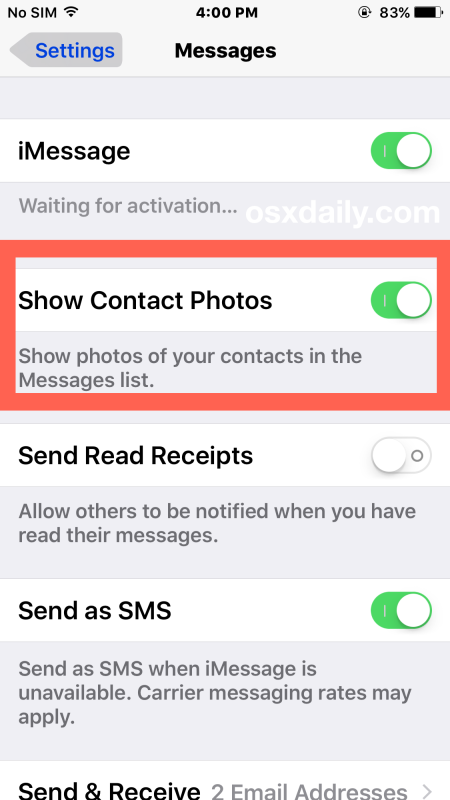 Hide and show the contact Photos in Messages app for iOS