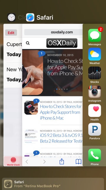Quitting apps in iOS 9 is done through the app switcher multitasking screen