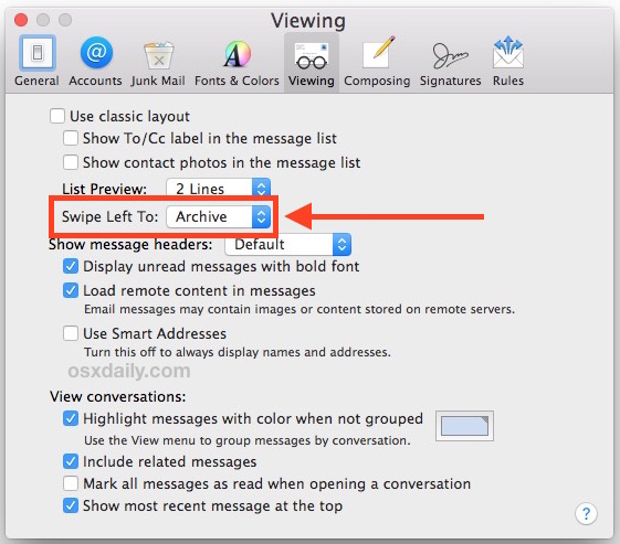 Change the Mac Mail swipe left gesture 