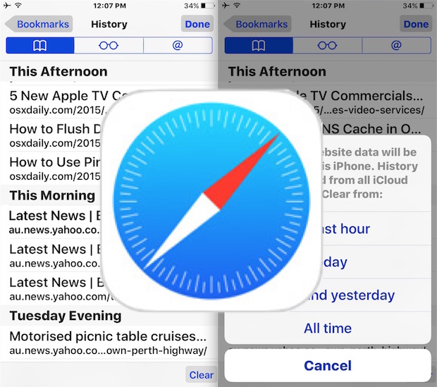 Remove recent Safari web search and browsing history from iOS