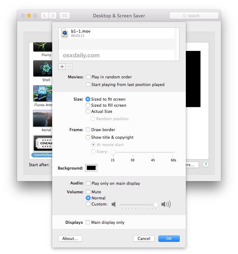 Сохранить голливудское видео в качестве экранной заставки в Mac OS X