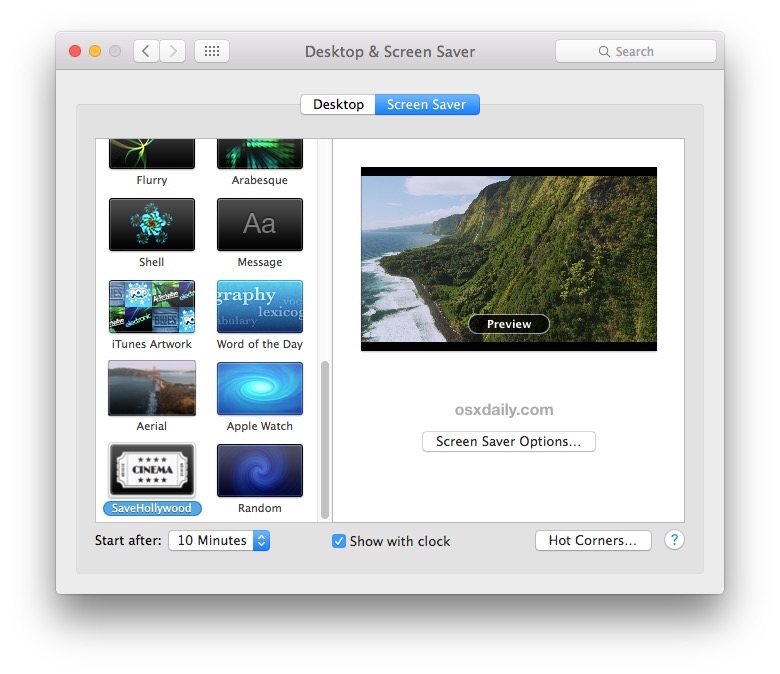SaveHollywood воспроизводит видео в качестве заставки в OS X