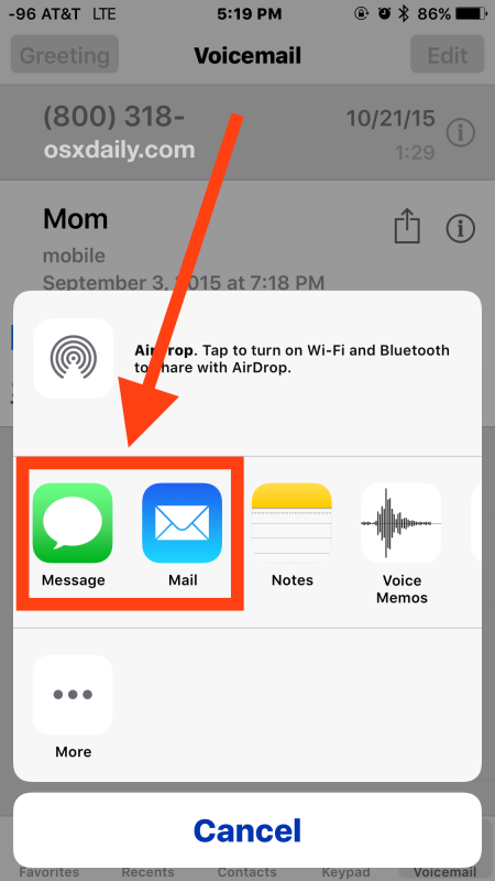 Share a voicemail through messages or email from iPhone