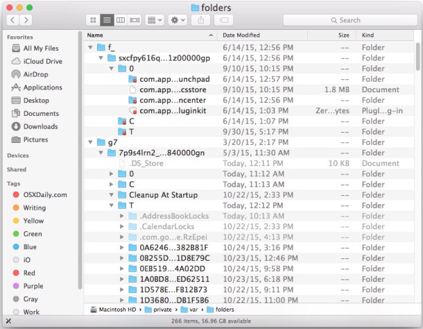 Папки временного кеша и частные папки system var в OS X