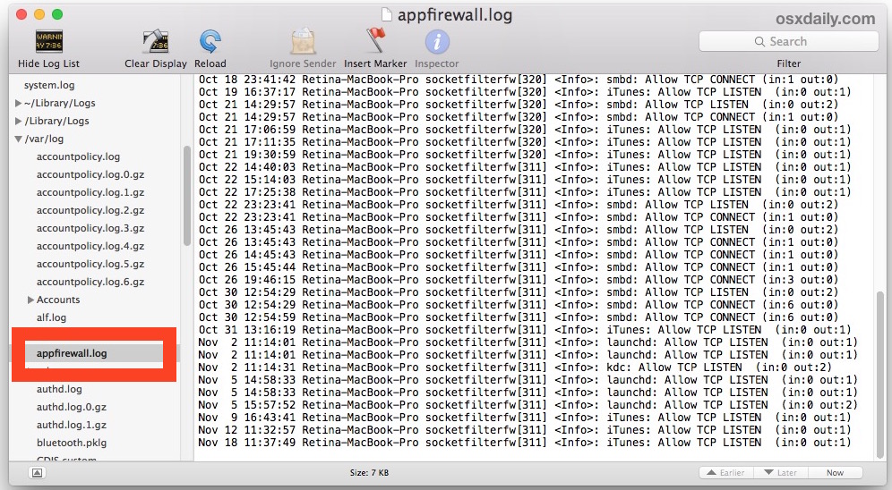 View the application firewall log in Mac OS X with Console app