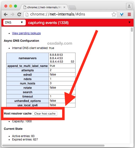 Clear Chrome web browser DNS host caches manually
