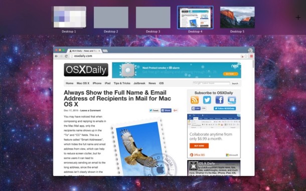 A new desktop space has been created in OS X