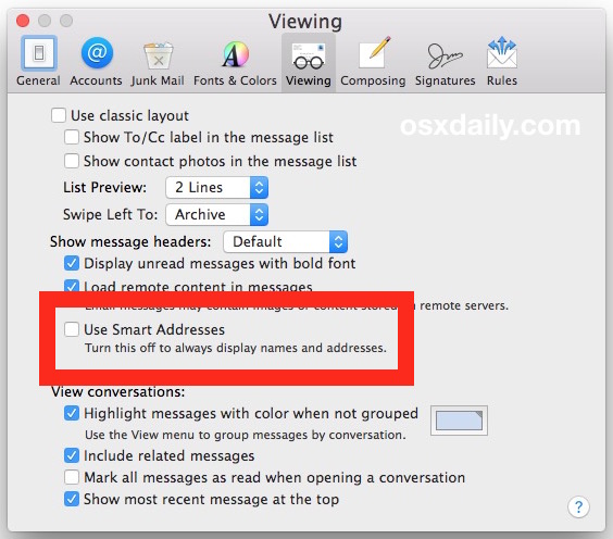 Disable Smart Addresses to see the full name and address in OS X Mail