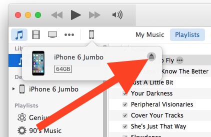 Ejecting an iPhone from a computer with iTunes