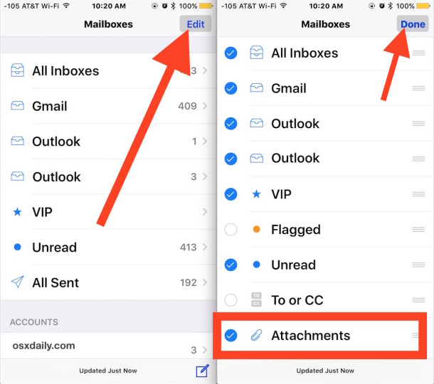 Enable Attachments inbox in Mail for iOS 
