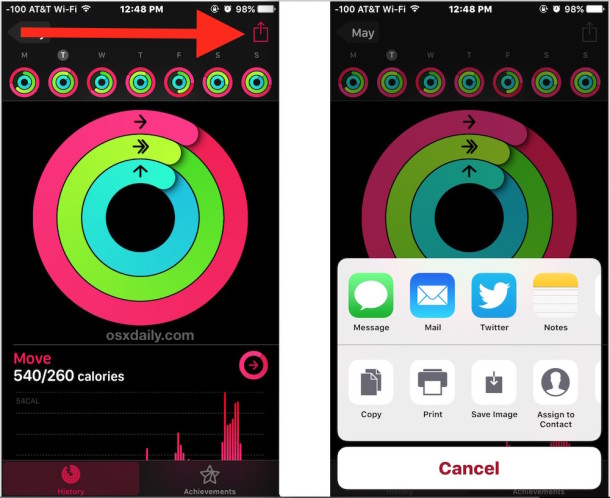 Sharing activity ring progress levels from Apple Watch and iPhone