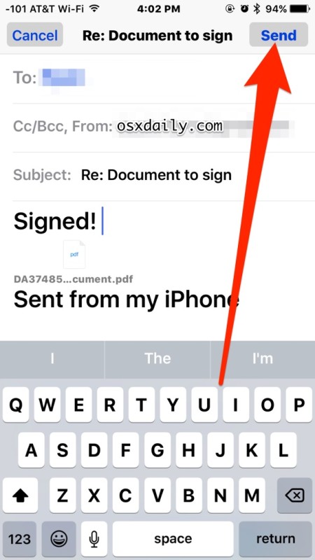 Подписанный документ вставлен обратно в электронное письмо, отправлено в приложении iOS Mail