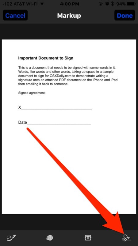 Нажмите кнопку подписи в Mail Markup для iOS