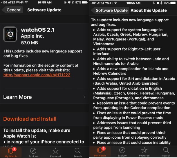 WatchOS 2.1 update