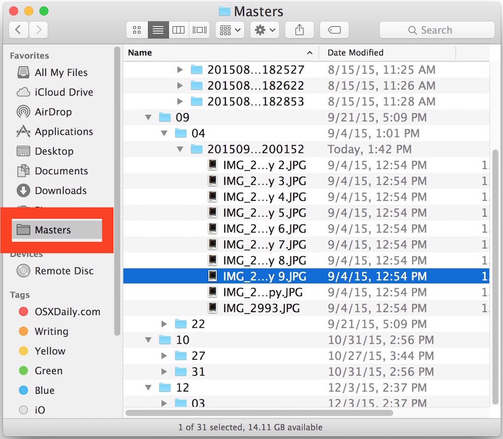Accessing the master image files in Mac OS X with a shortcut in Mac Finder Sidebar