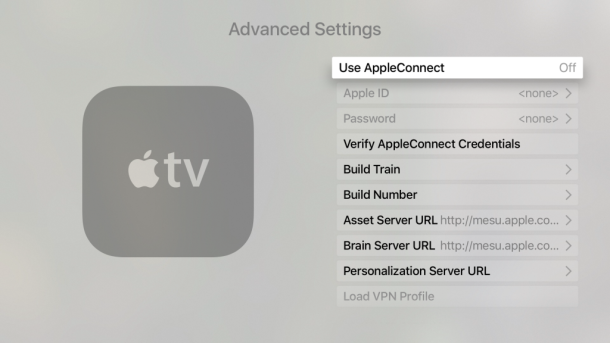the Apple TV advanced settings screen of tvOS with various internal options