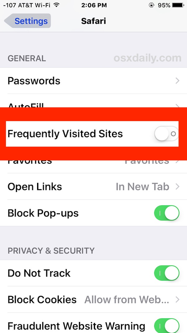 Disable Frequently Visited sites in Safari for iOS