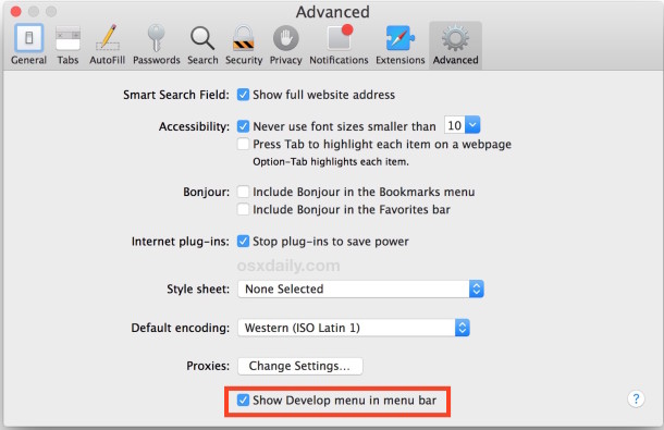 Включение меню «Разработка» в Safari позволяет пользователям очищать и очищать кеши вручную в OS X