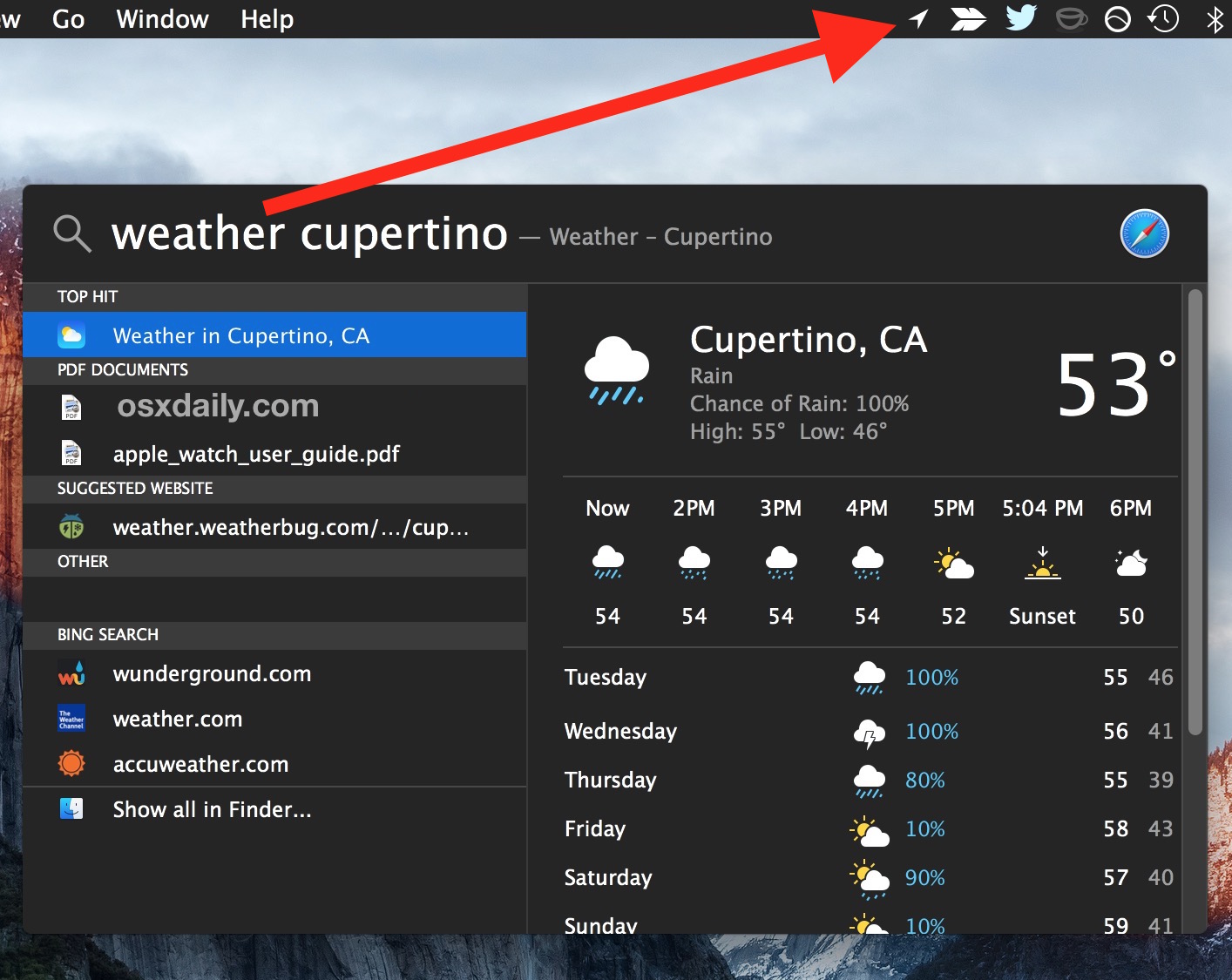 Отображение значка использования местоположения в строке меню Mac OS X при извлечении прогноза погоды в Spotlight для определения местоположения