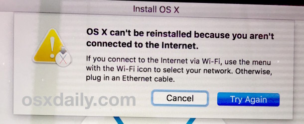 OS X ne peut pas être réinstallé car vous n'êtes pas connecté à Internet