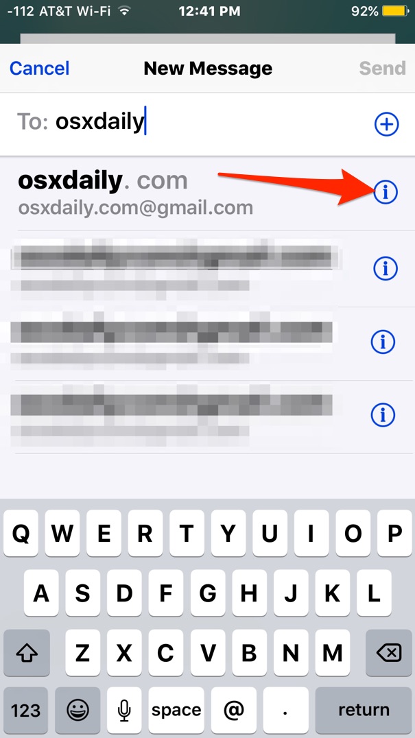 Tap the i button next to the email address you want to remove from the suggested list in Mail for iOS