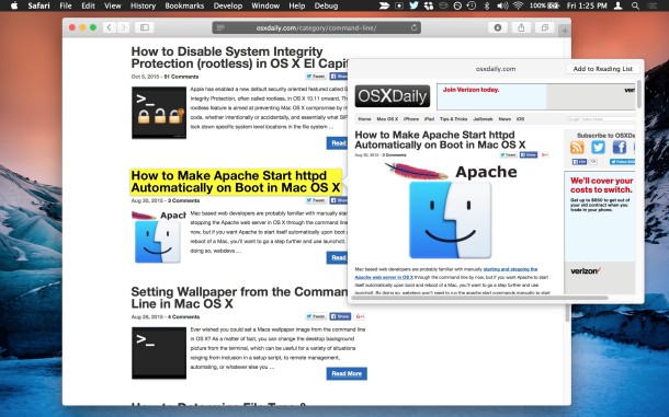 Load a preview of webpage links in Safari 