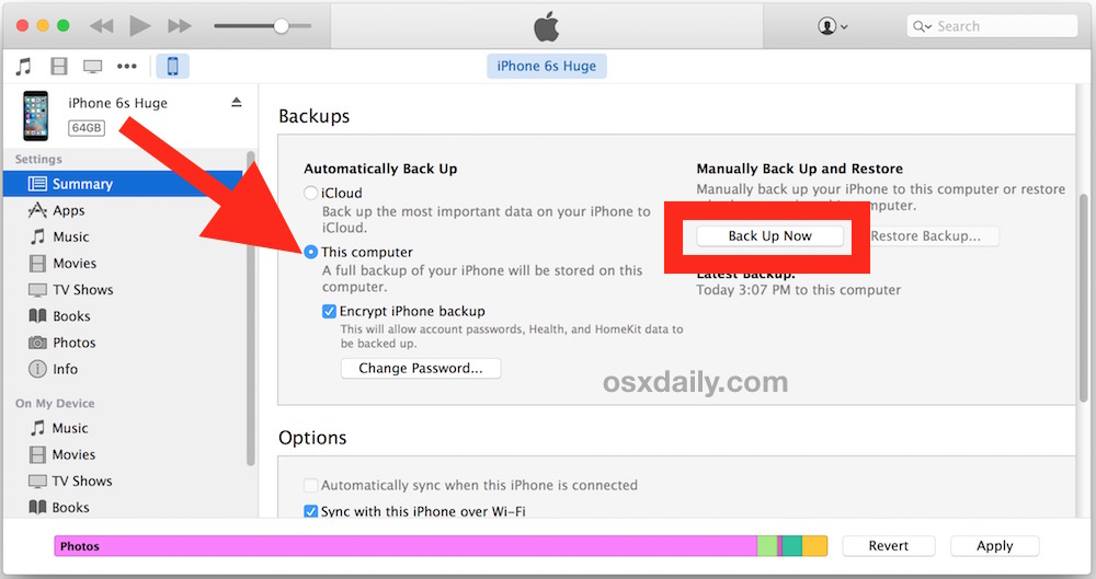Backup the iPhone to the external hard drive from iTunes